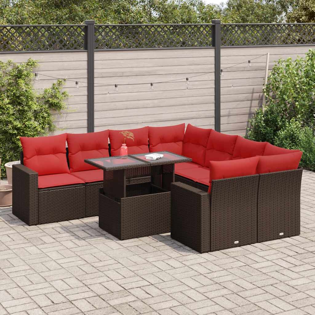 9-tlg. Garten-Sofagarnitur mit Kissen Braun Poly Rattan Akazie 9-tlg. Garten-Sofagarnitur mit Kissen Braun Poly Rattan Akazie
