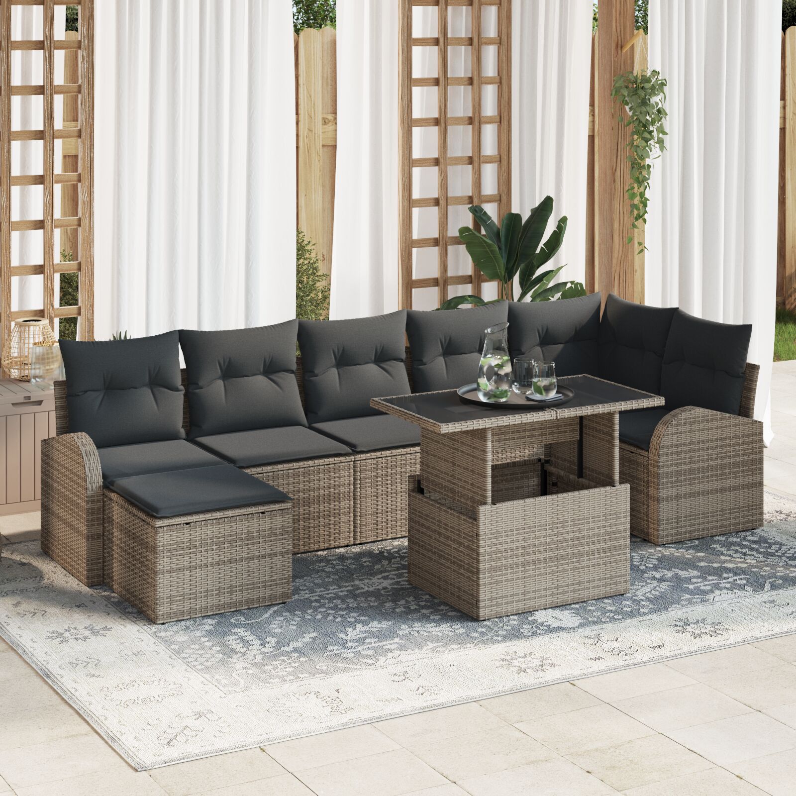 8-teiliges Garten-Sofaset mit Kissen in grauem Poly-Rattan