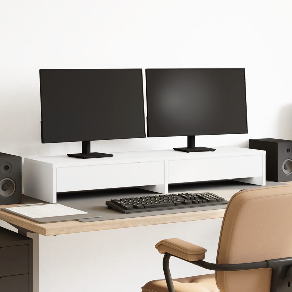 Monitorständer mit Schubladen Weiß 100x27x15 cm Holzwerkstoff Monitorständer mit Schubladen Weiß 100x27x15 cm Holzwerkstoff