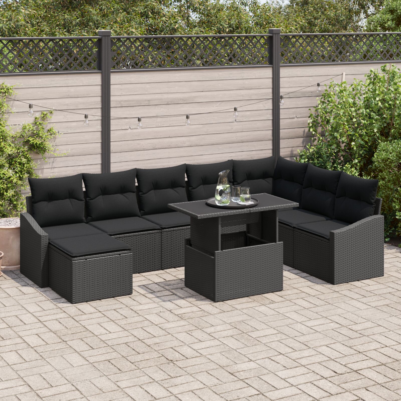 9 teiliges Garten Sofa Set mit Kissen Schwarzes Poly Rattan 9 teiliges Garten Sofa Set mit Kissen Schwarzes Poly Rattan