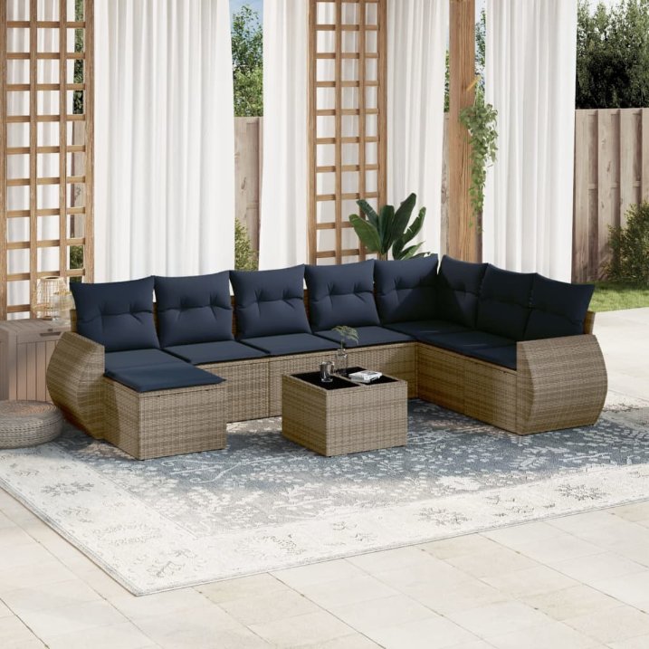 9-teiliges Gartensofa-Set mit Kissen, grau, Polyrattan 9-teiliges Gartensofa-Set mit Kissen, grau, Polyrattan