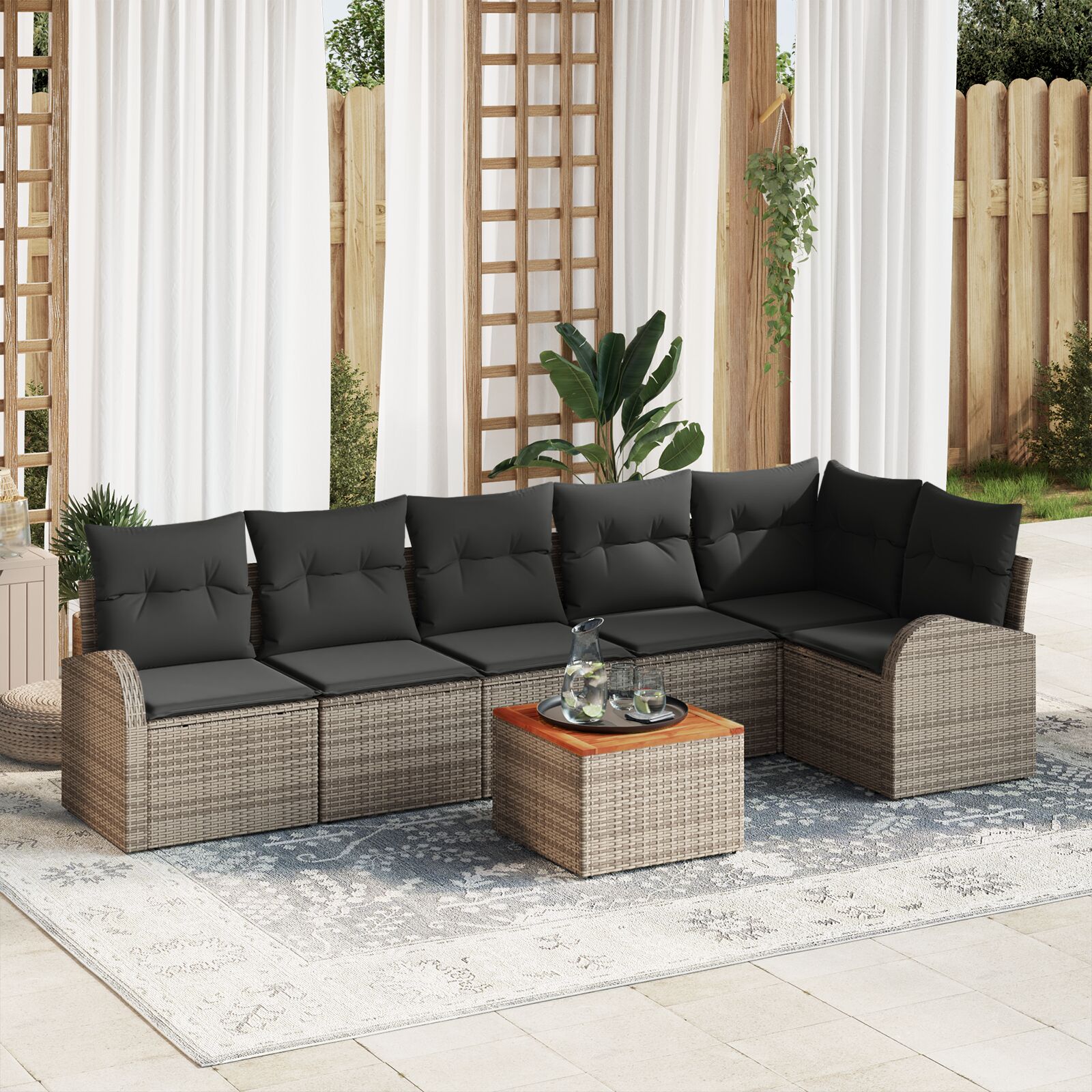7-teiliges Garten Sofa Set mit Kissen Grau Poly Rattan Akazie