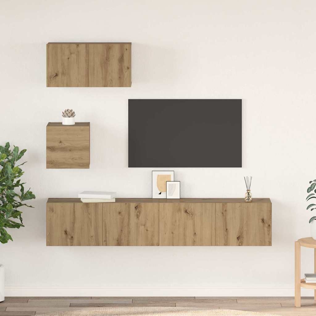 TV-Schrank-Set mit Regal Wandmontiert mit Speicher mit Tür 4 pcs Eiche handwerklich