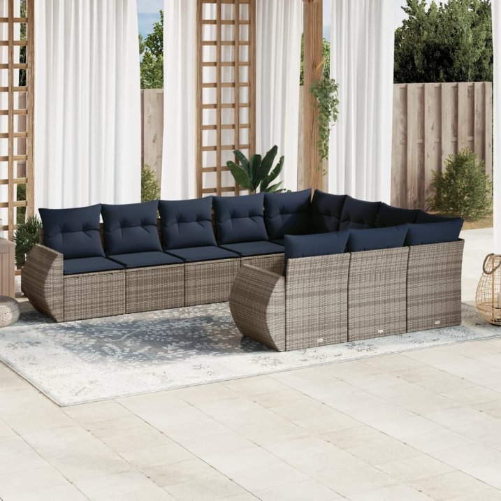 10-teiliges Gartensofa-Set mit Kissen, grau, Polyrattan 10-teiliges Gartensofa-Set mit Kissen, grau, Polyrattan
