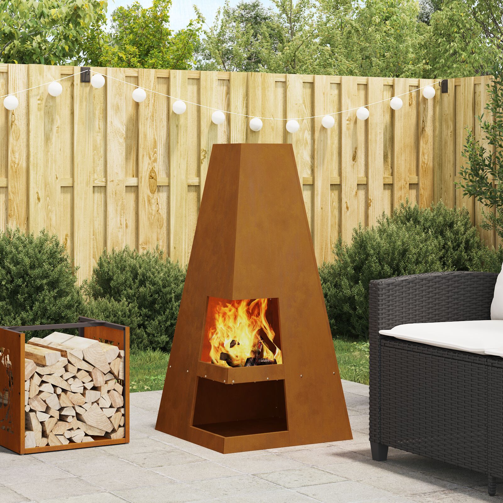 vidaXL Feuerstelle mit Holzlager 50x50x100 cm Wetterstahl