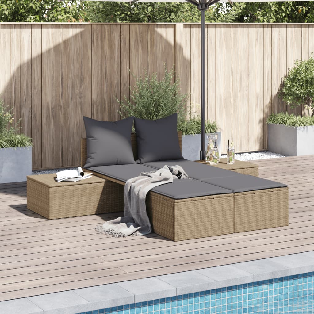 Doppel-Sonnenliege mit Auflagen Beige Poly Rattan Doppel-Sonnenliege mit Auflagen Beige Poly Rattan