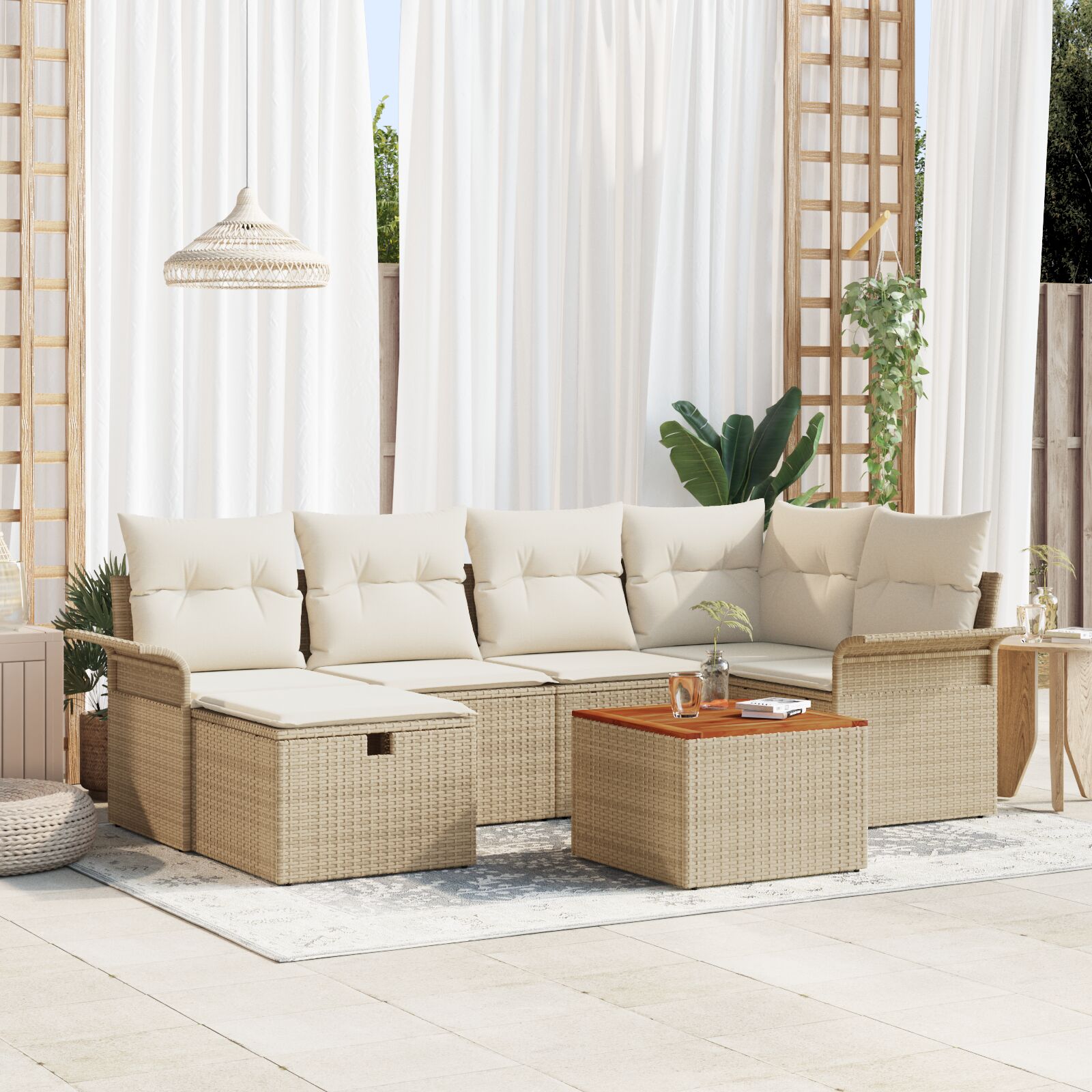 7-teiliges Garten Sofa Set mit Kissen Beige Poly Rattan