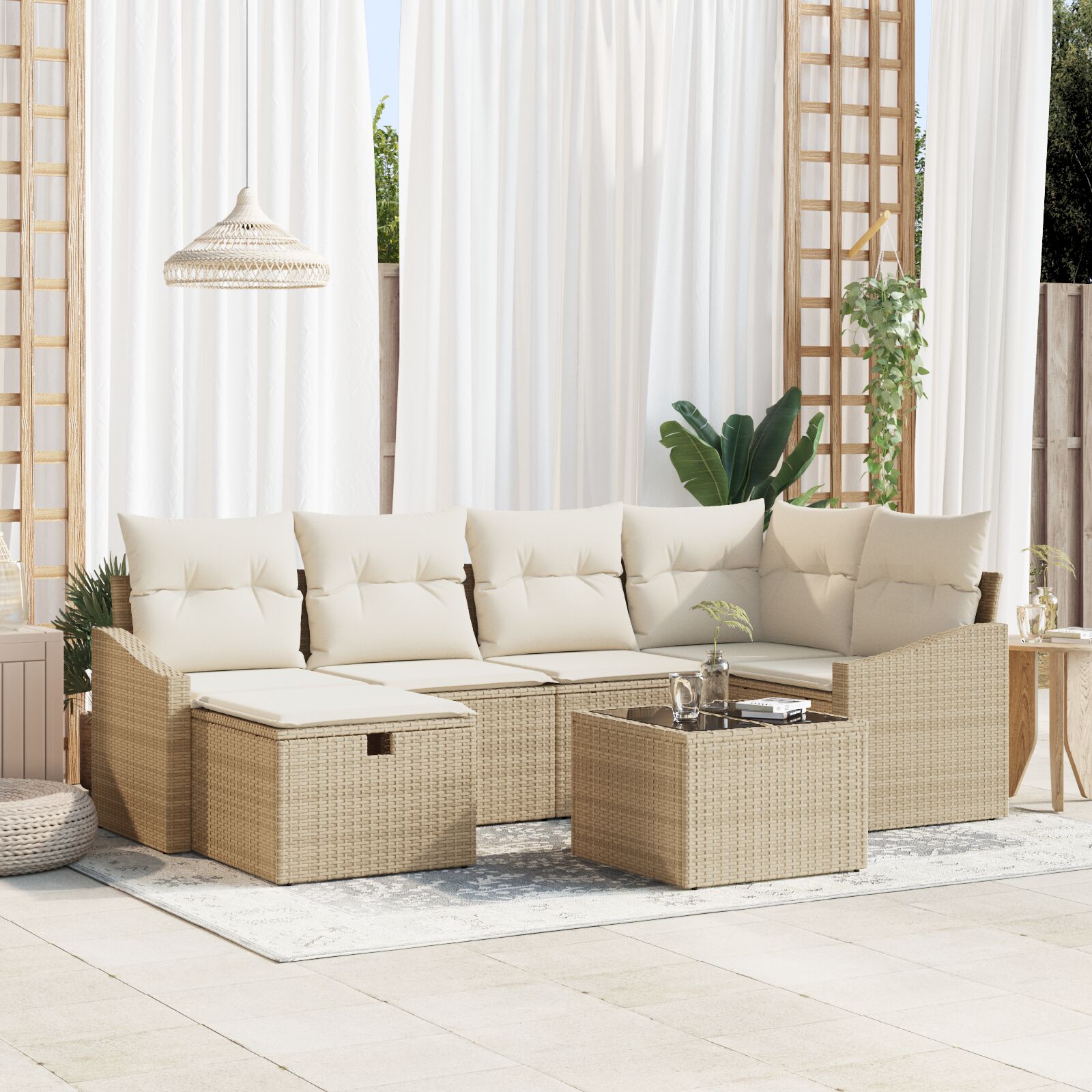 7-teiliges Garten Sofa Set mit Kissen Beige Poly Rattan