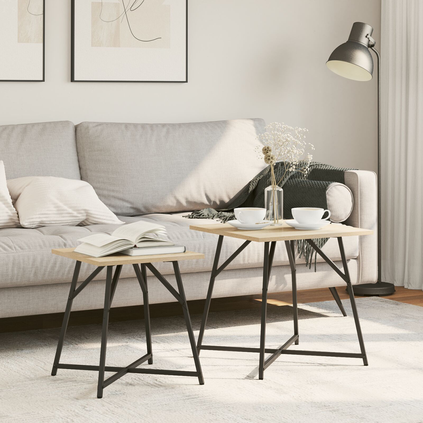 vidaXL Beistelltisch 2er Set Sonoma Eiche, Holz und Metall