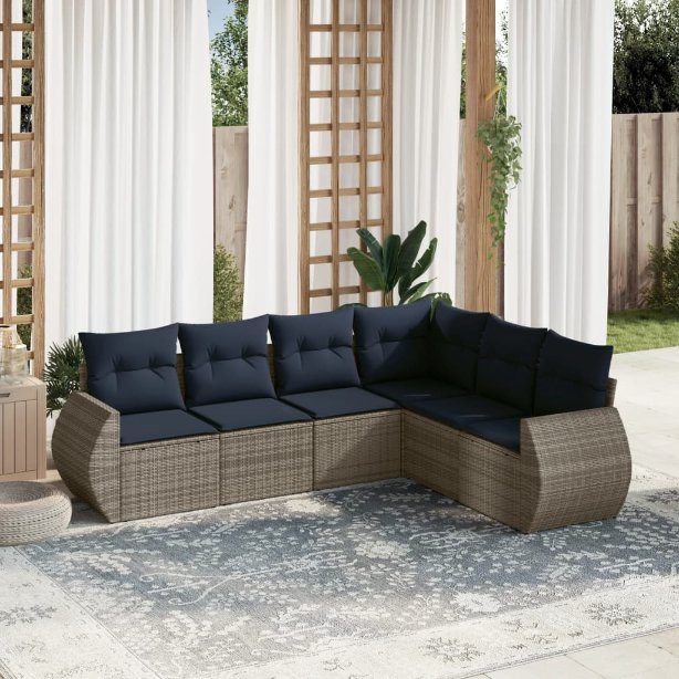 6-teiliges Gartensofa-Set mit Kissen, grau, Polyrattan 6-teiliges Gartensofa-Set mit Kissen, grau, Polyrattan