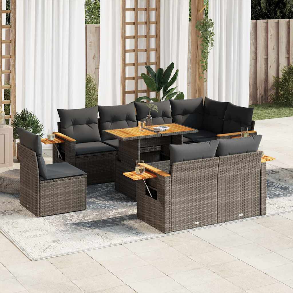 9-tlg. Garten-Sofagarnitur mit Kissen Grau Poly Rattan Akazie 9-tlg. Garten-Sofagarnitur mit Kissen Grau Poly Rattan Akazie