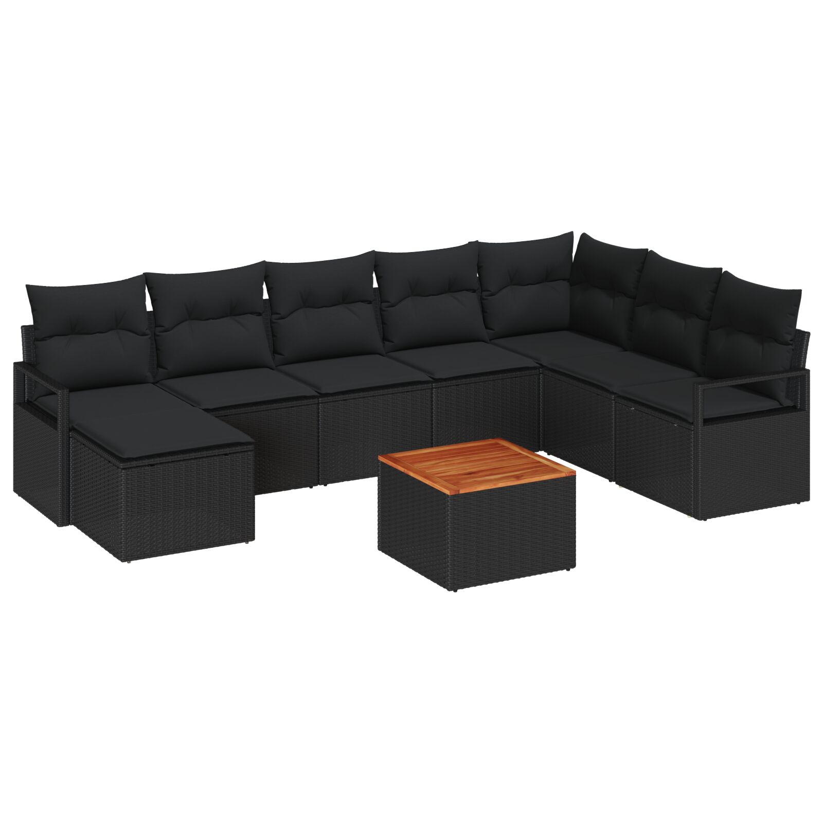 9-teiliges Garten-Sofa-Set mit Kissen in Schwarz aus Poly-Rattan und Akazie, 2-Sitzer Garten-Sofa mit Kissen in Schwarz aus Poly-Rattan 9-teiliges Garten-Sofa-Set mit Kissen in Schwarz aus Poly-Rattan und Akazie, 2-Sitzer Garten-Sofa mit Kissen in Schwarz aus Poly-Rattan