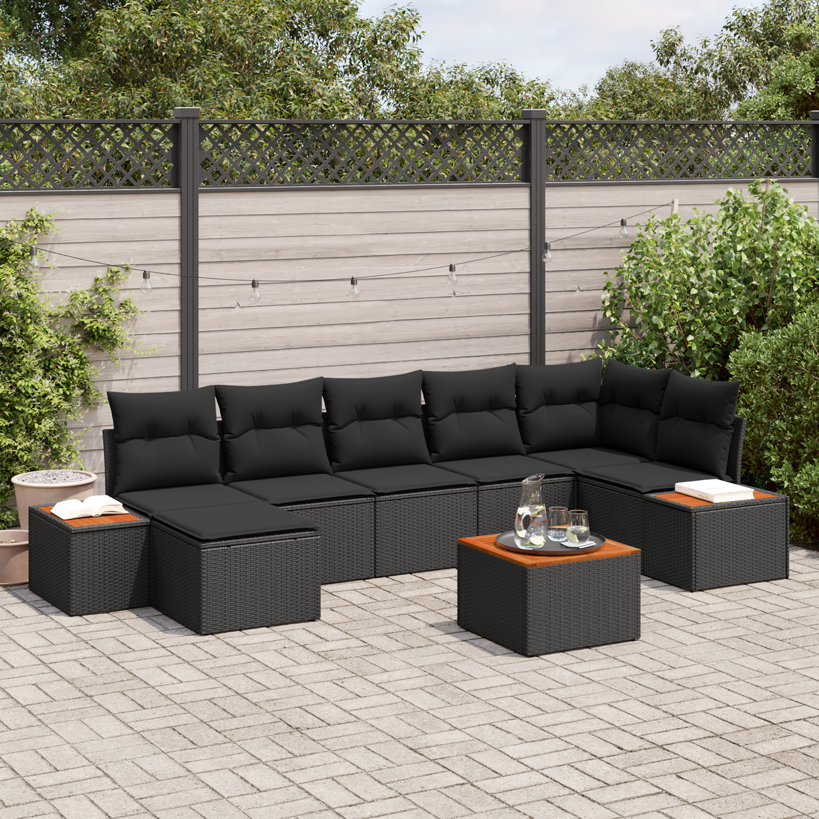 8-teiliges Garten-Sofaset mit Kissen Schwarzes Poly-Rattan Akazie 8-teiliges Garten-Sofaset mit Kissen Schwarzes Poly-Rattan Akazie