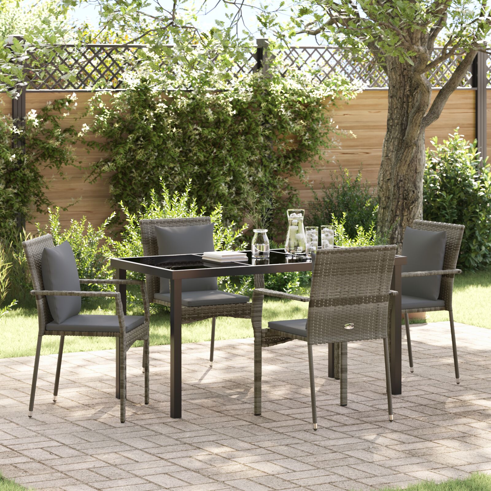 5-teilige Garten-Essgruppe mit Kissen Grau Poly Rattan 5-teilige Garten-Essgruppe mit Kissen Grau Poly Rattan