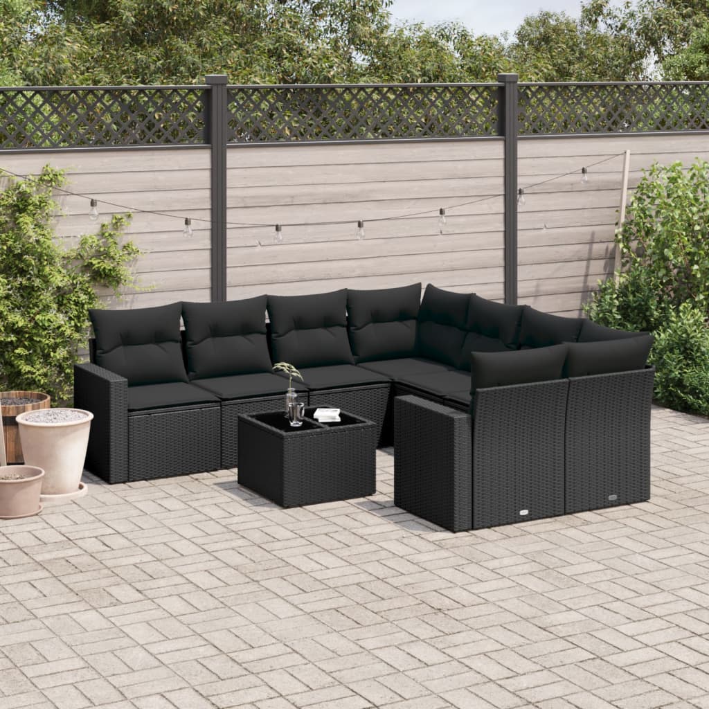 9-tlg. Garten-Sofagarnitur mit Kissen Schwarz Poly Rattan 9-tlg. Garten-Sofagarnitur mit Kissen Schwarz Poly Rattan