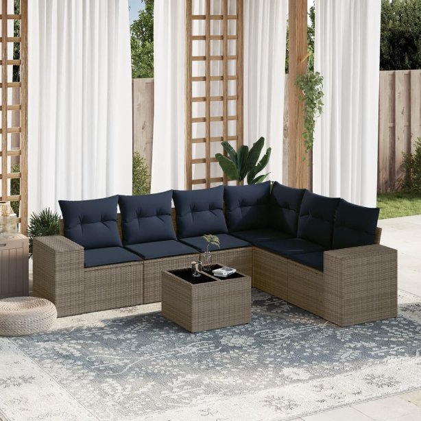 7-teiliges Gartensofa-Set mit Kissen, grau, Polyrattan 7-teiliges Gartensofa-Set mit Kissen, grau, Polyrattan