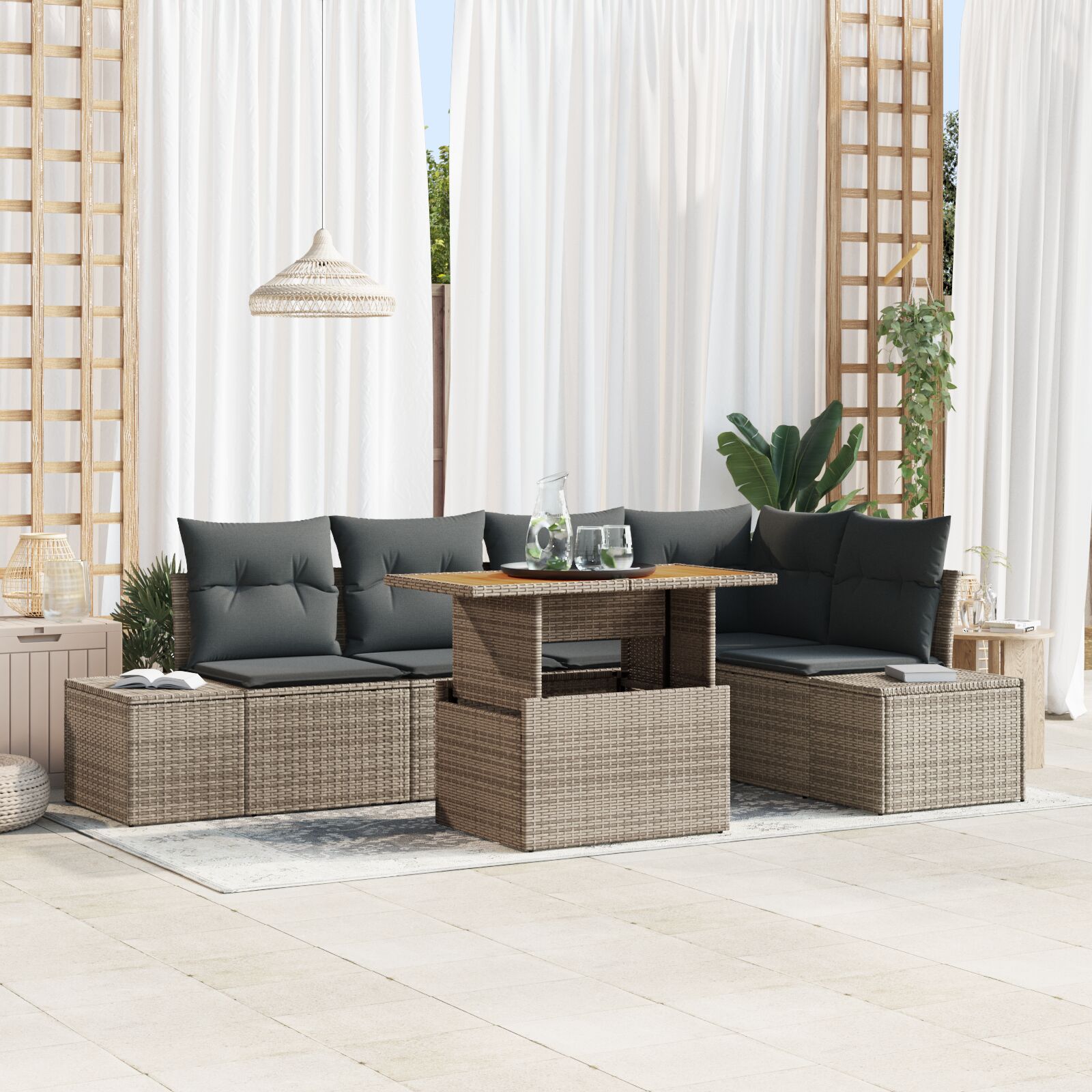 6-teiliges Garten Esszimmer Set mit Kissen Grau Poly Rattan Akazie 6-teiliges Garten Esszimmer Set mit Kissen Grau Poly Rattan Akazie