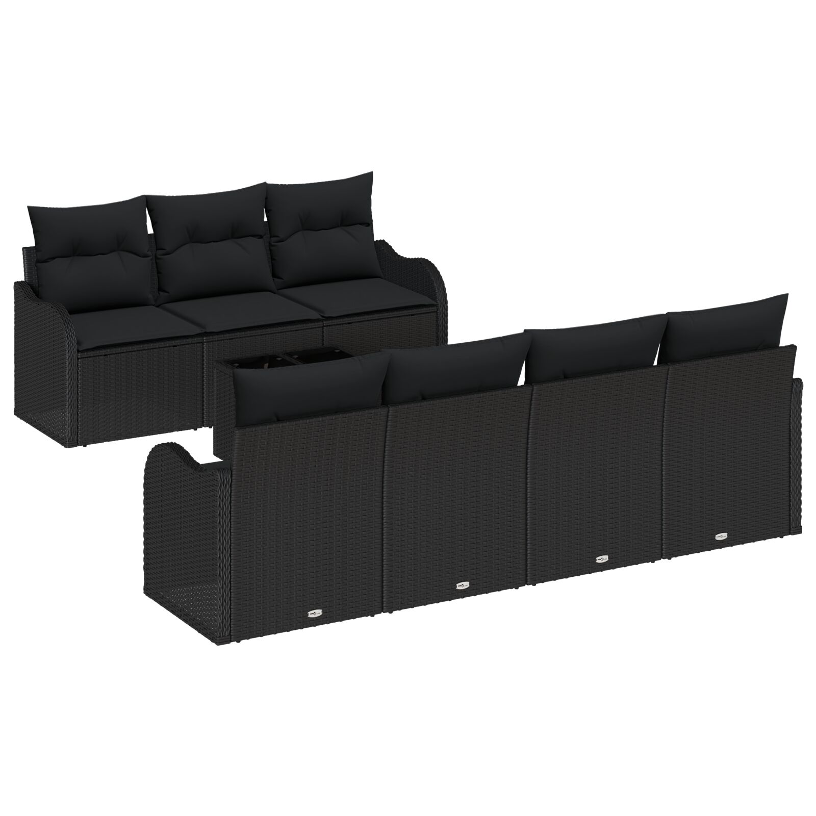8-teiliges Garten Sofa Set mit Kissen schwarzes Poly Rattan, 2-Sitzer Garten Sofa mit Kissen schwarzes Poly Rattan