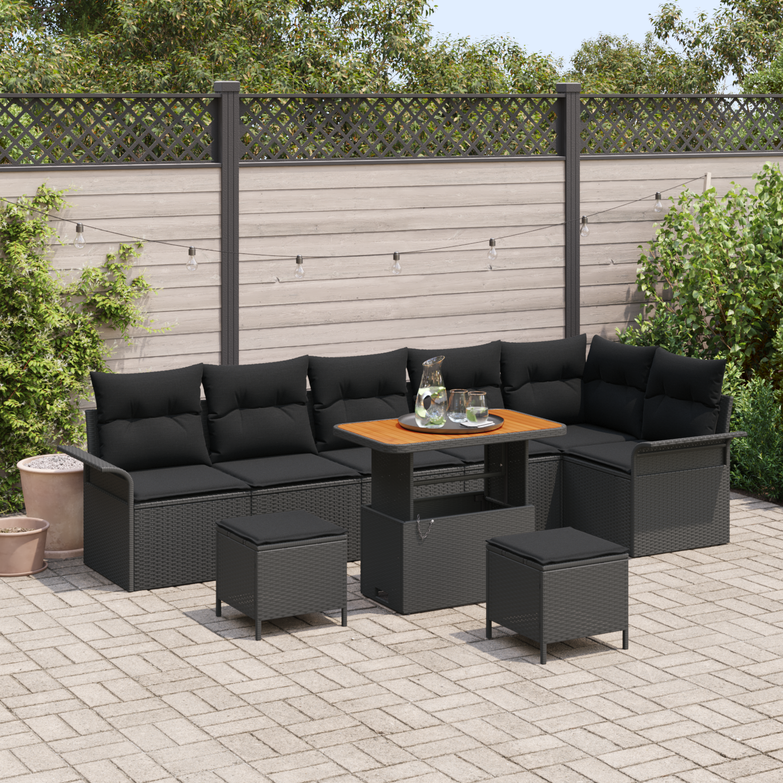 9-Teiliges Garten Sofa Set mit Kissen Schwarz Poly Rattan Akazie