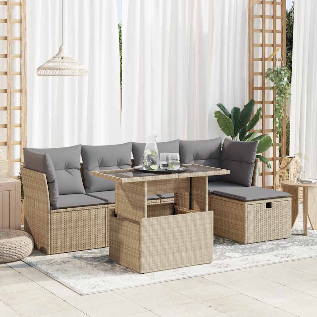 6-tlg. Garten-Sofagarnitur mit Kissen Beige Poly Rattan 6-tlg. Garten-Sofagarnitur mit Kissen Beige Poly Rattan