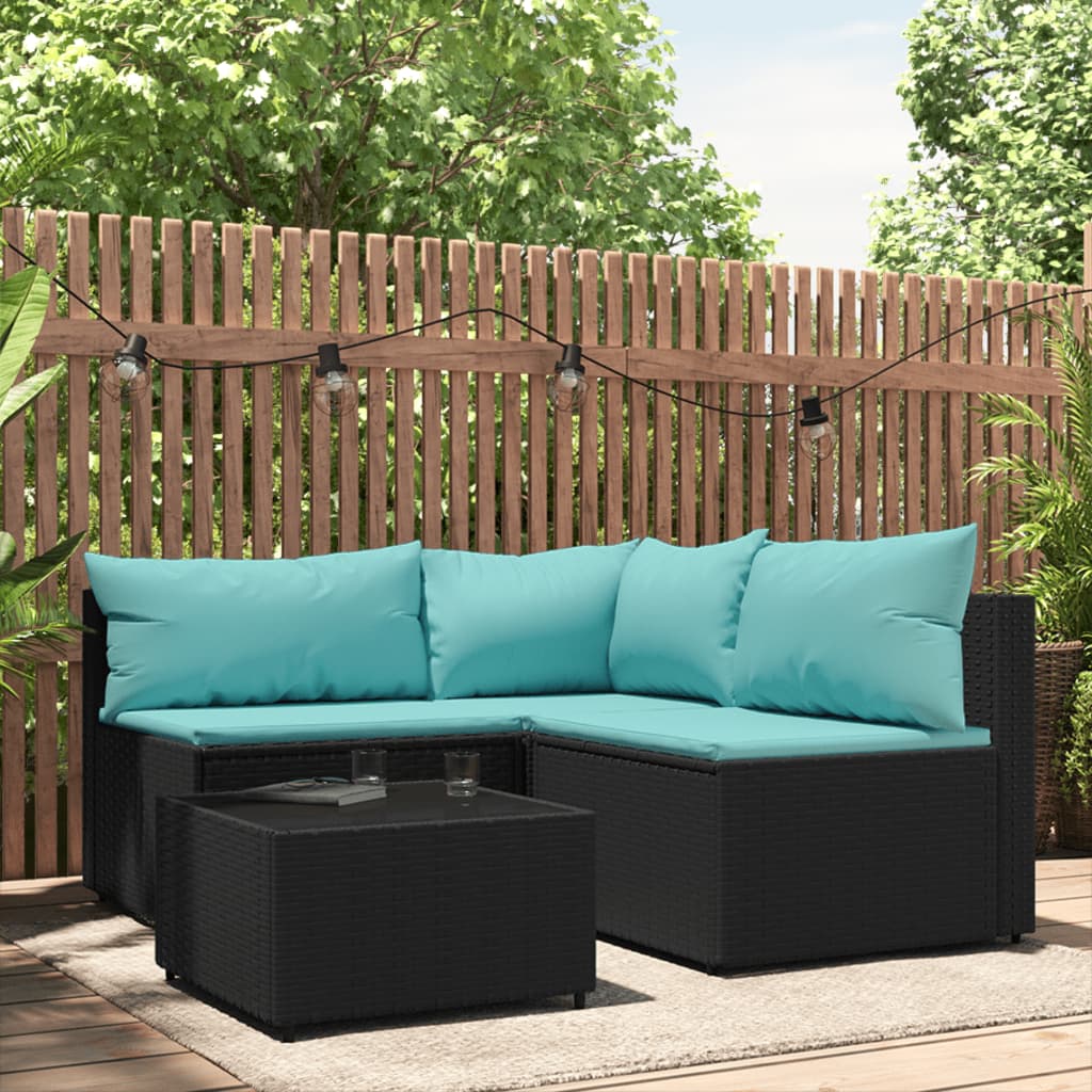 4-tlg. Garten-Lounge-Set mit Kissen Schwarz Poly Rattan 4-tlg. Garten-Lounge-Set mit Kissen Schwarz Poly Rattan