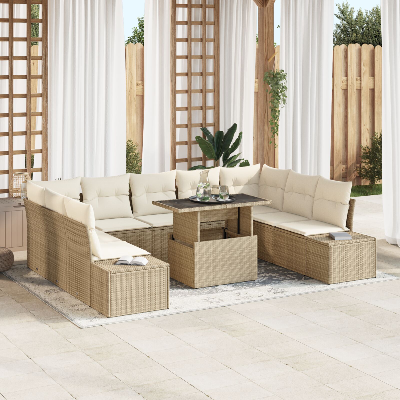 vidaXL Garten Sofa Set 10 Teile Beige und Hellbraun Rattan und Glasplatte
