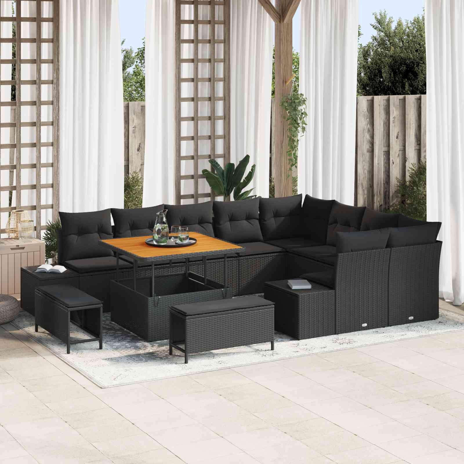 12-teiliges Garten Sofa Set mit Kissen Schwarz Poly Rattan Akazie