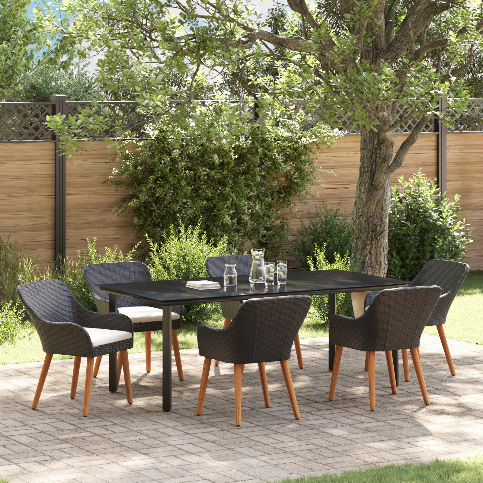 7-teiliges Garten Esstisch Set Schwarz Poly Rattan