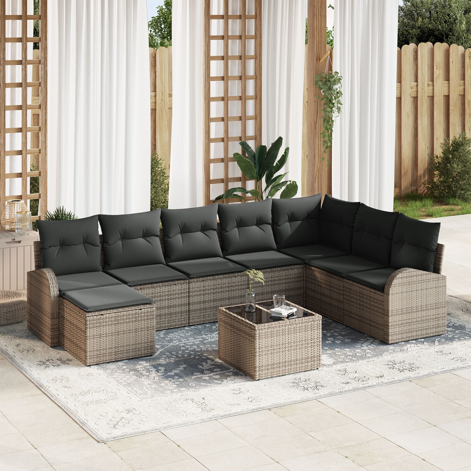 Garten-Sofa-Set 9 Teile Dunkelgrau, Braun Rattan, Polyester