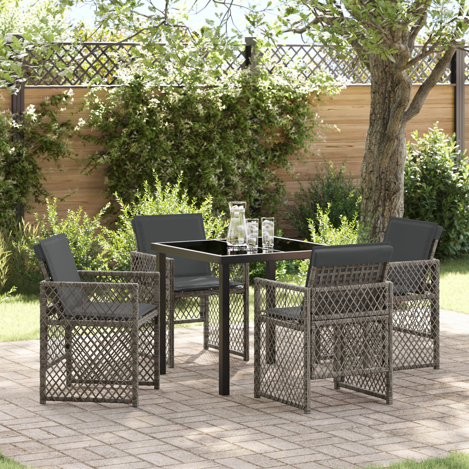 5-teiliges Garten Essset mit Kissen Grau Poly Rattan