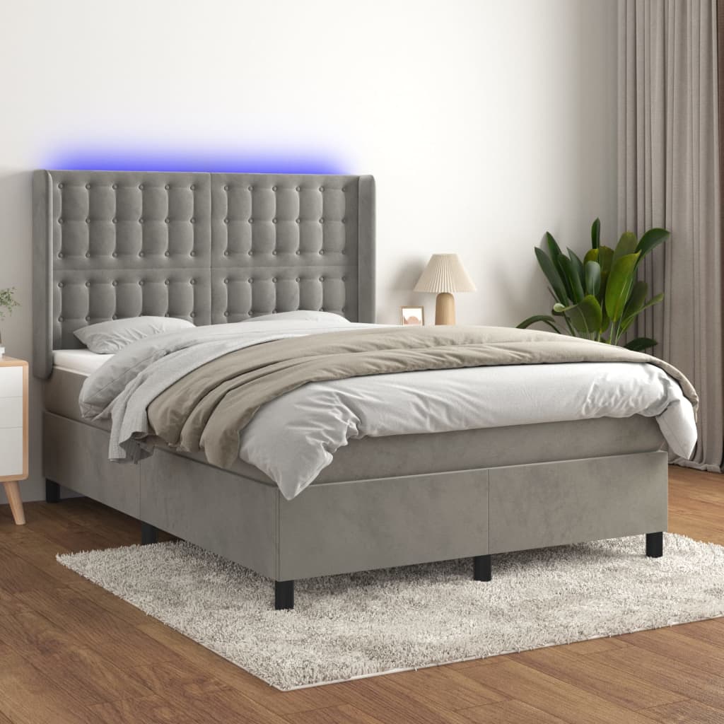 Boxspringbett mit Matratze & LED Hellgrau 140x190 cm Samt