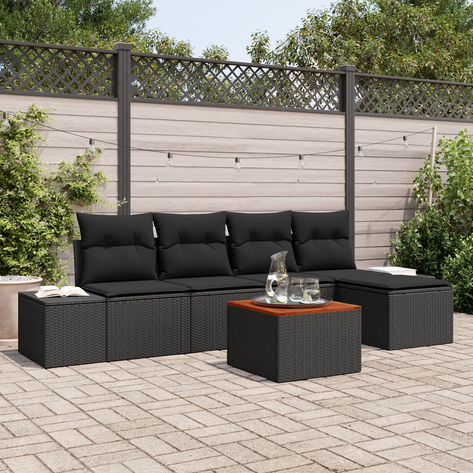 6-teiliges Garten Sofa Set mit Kissen Schwarz Poly Rattan Akazie