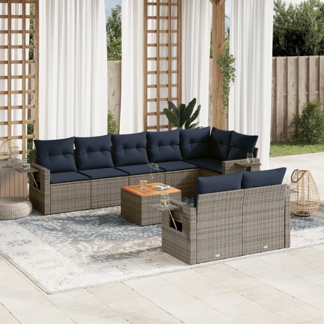 9-teiliges Gartensofa-Set mit Kissen, grau, Polyrattan 9-teiliges Gartensofa-Set mit Kissen, grau, Polyrattan