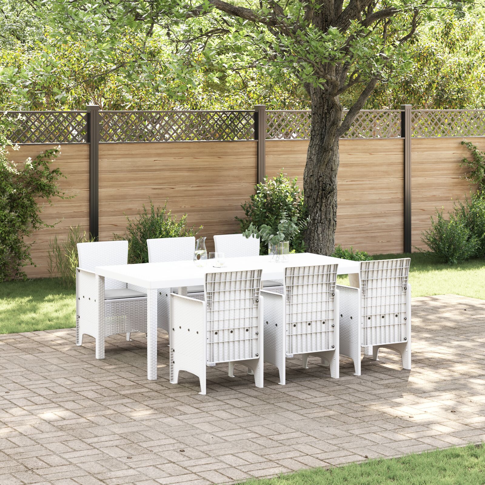 7-teiliges Garten Essgruppe mit Kissen Weiß Poly-Rattan