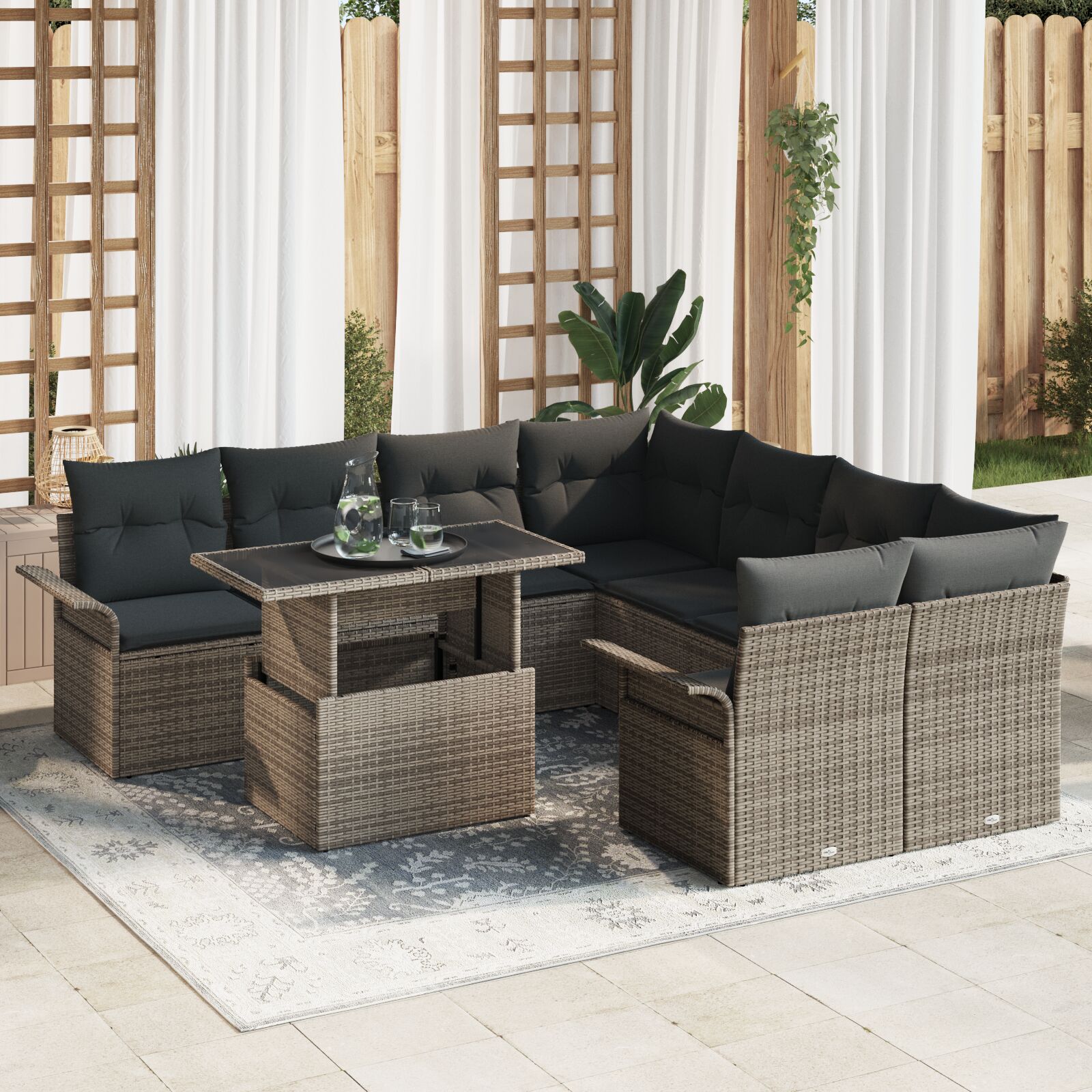 9-teiliges Garten Sofa Set mit Kissen Grau Poly-Rattan