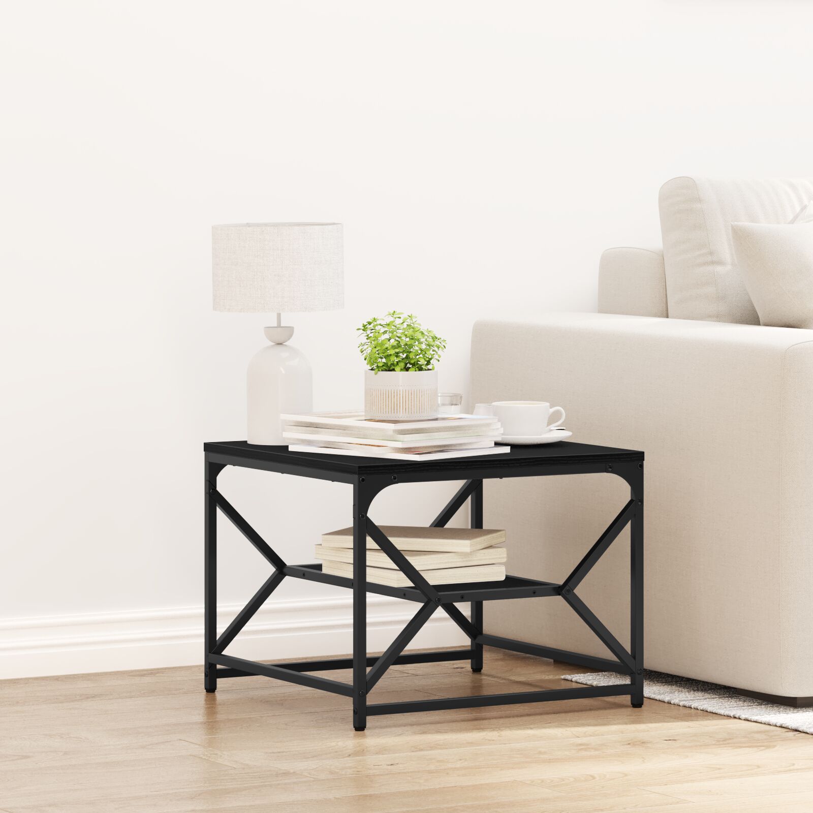 Schwarzer Eichen Couchtisch mit Regal, 51x50x40 cm, aus Holzwerkstoff