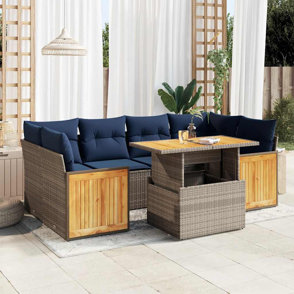 7-tlg. Garten-Sofagarnitur mit Kissen Grau Poly Rattan Akazie 7-tlg. Garten-Sofagarnitur mit Kissen Grau Poly Rattan Akazie