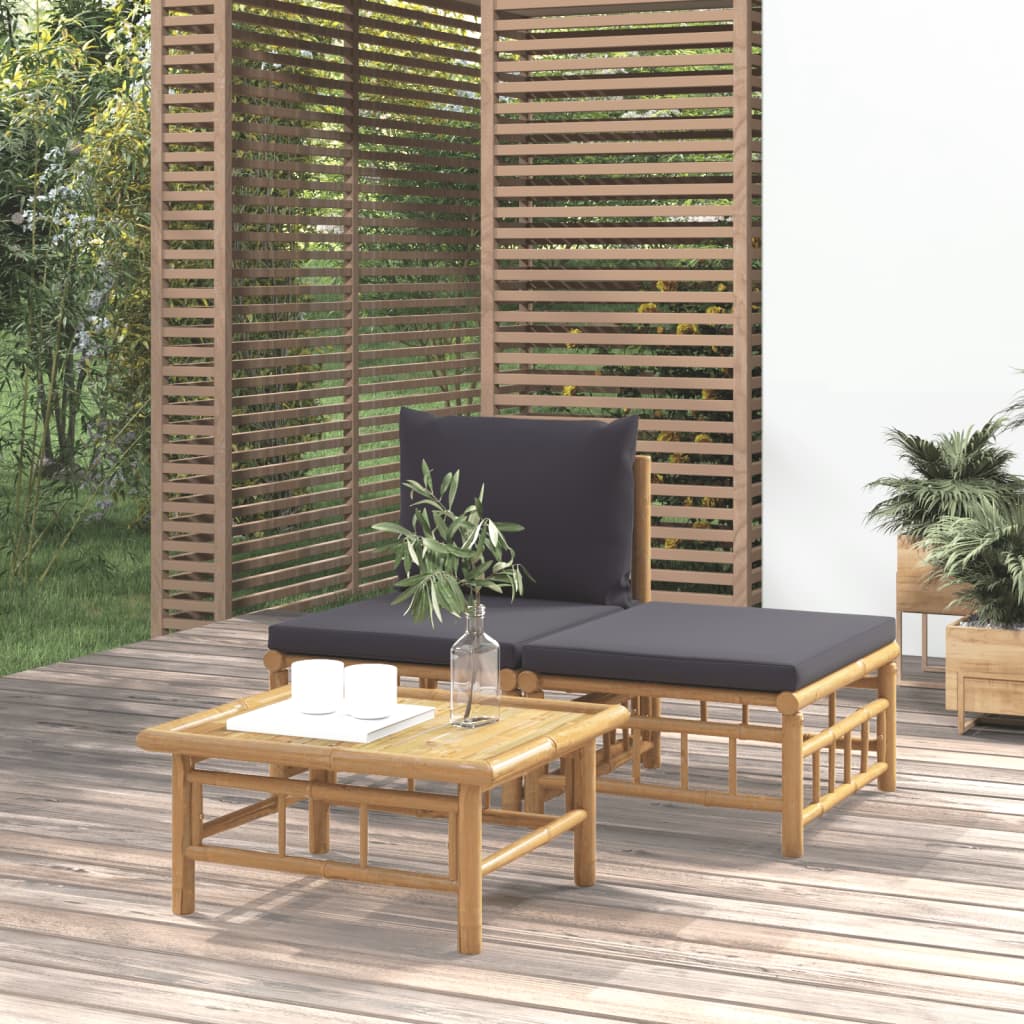 3-tlg. Garten-Lounge-Set mit Dunkelgrauen Kissen Bambus 3-tlg. Garten-Lounge-Set mit Dunkelgrauen Kissen Bambus
