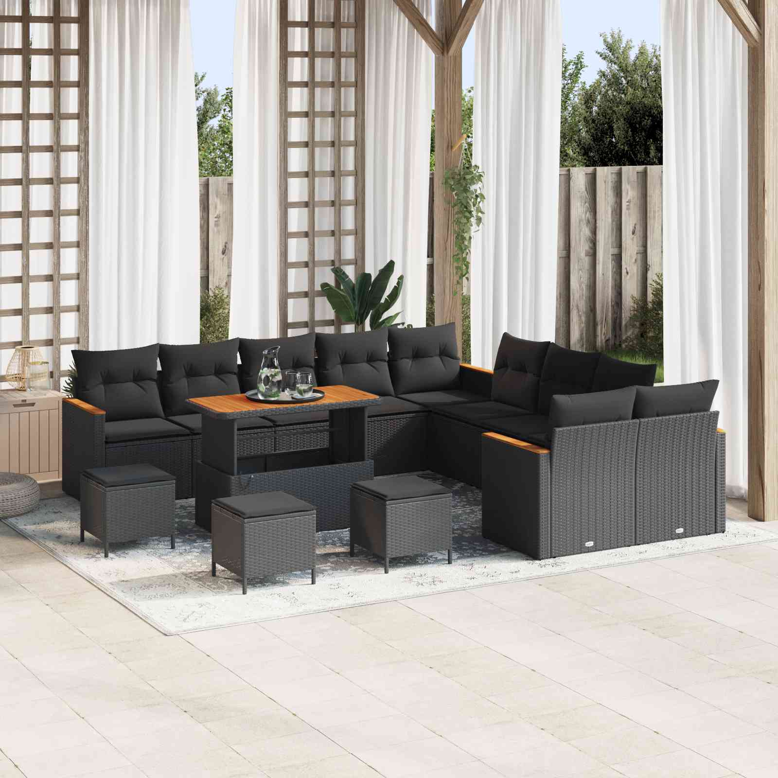 14-teiliges Garten-Sofa-Set mit Kissen Schwarz Poly-Rattan Akazie