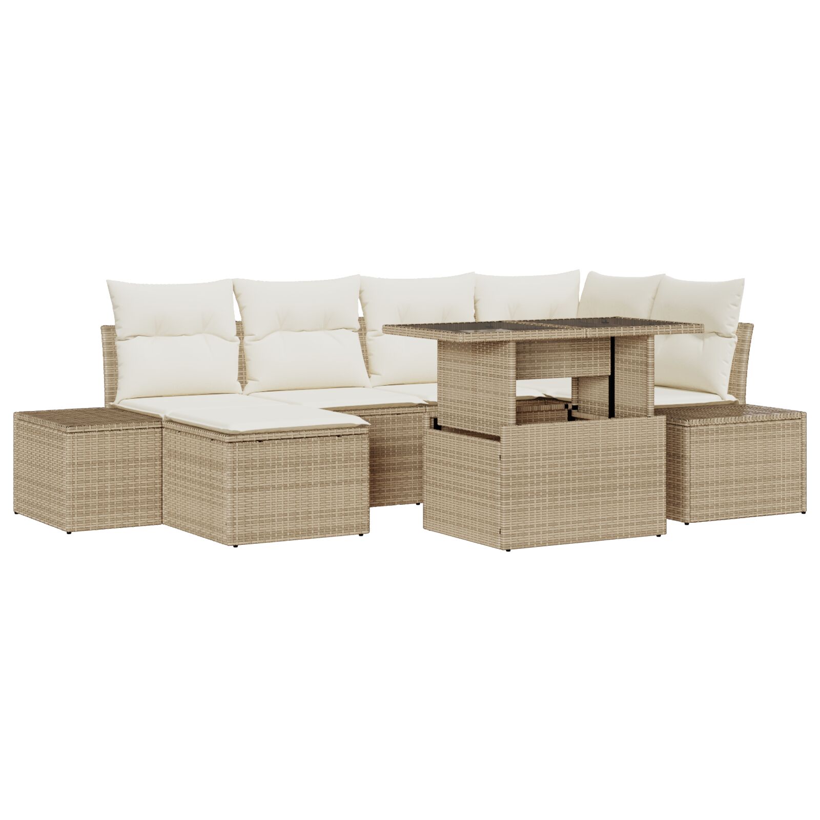 7-teiliges Garten Sofa Set mit Kissen Beige Poly Rattan