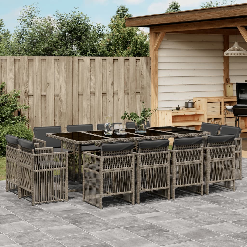 13-tlg. Garten-Essgruppe mit Kissen Grau Poly Rattan