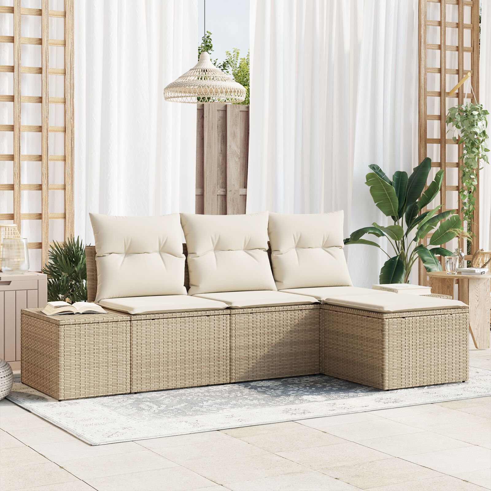 4-teiliges Garten Sofa Set mit Kissen Beige Poly Rattan 4-teiliges Garten Sofa Set mit Kissen Beige Poly Rattan