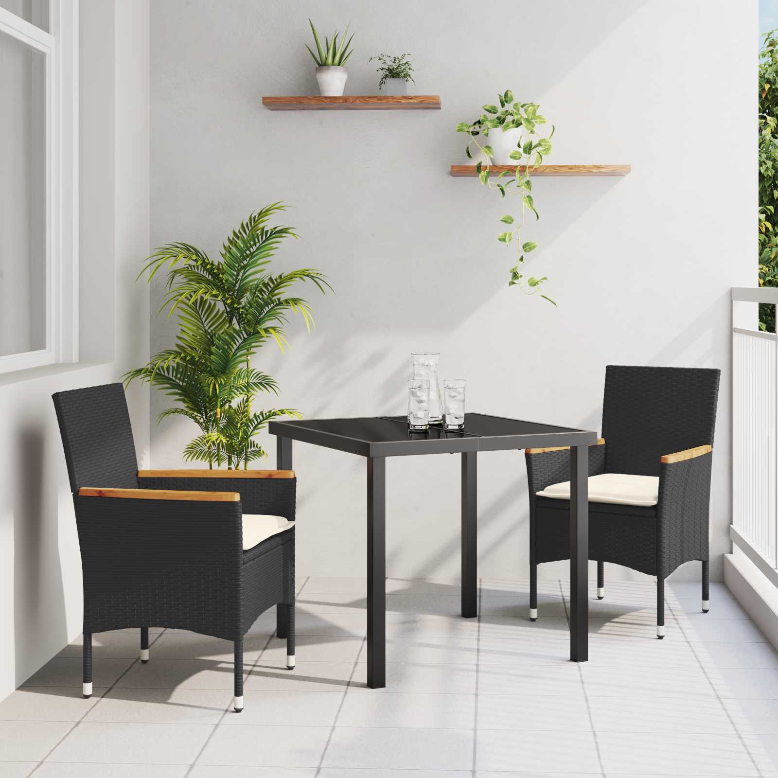 3-teiliges Garten Esstisch Set mit Kissen Schwarz Poly Rattan 3-teiliges Garten Esstisch Set mit Kissen Schwarz Poly Rattan