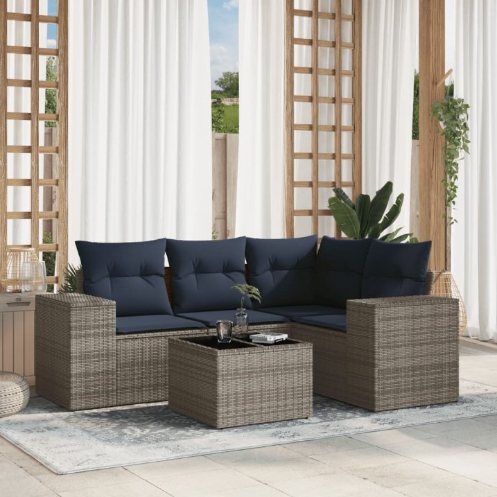 5-teiliges Gartensofa-Set mit Kissen, grau, Polyrattan 5-teiliges Gartensofa-Set mit Kissen, grau, Polyrattan