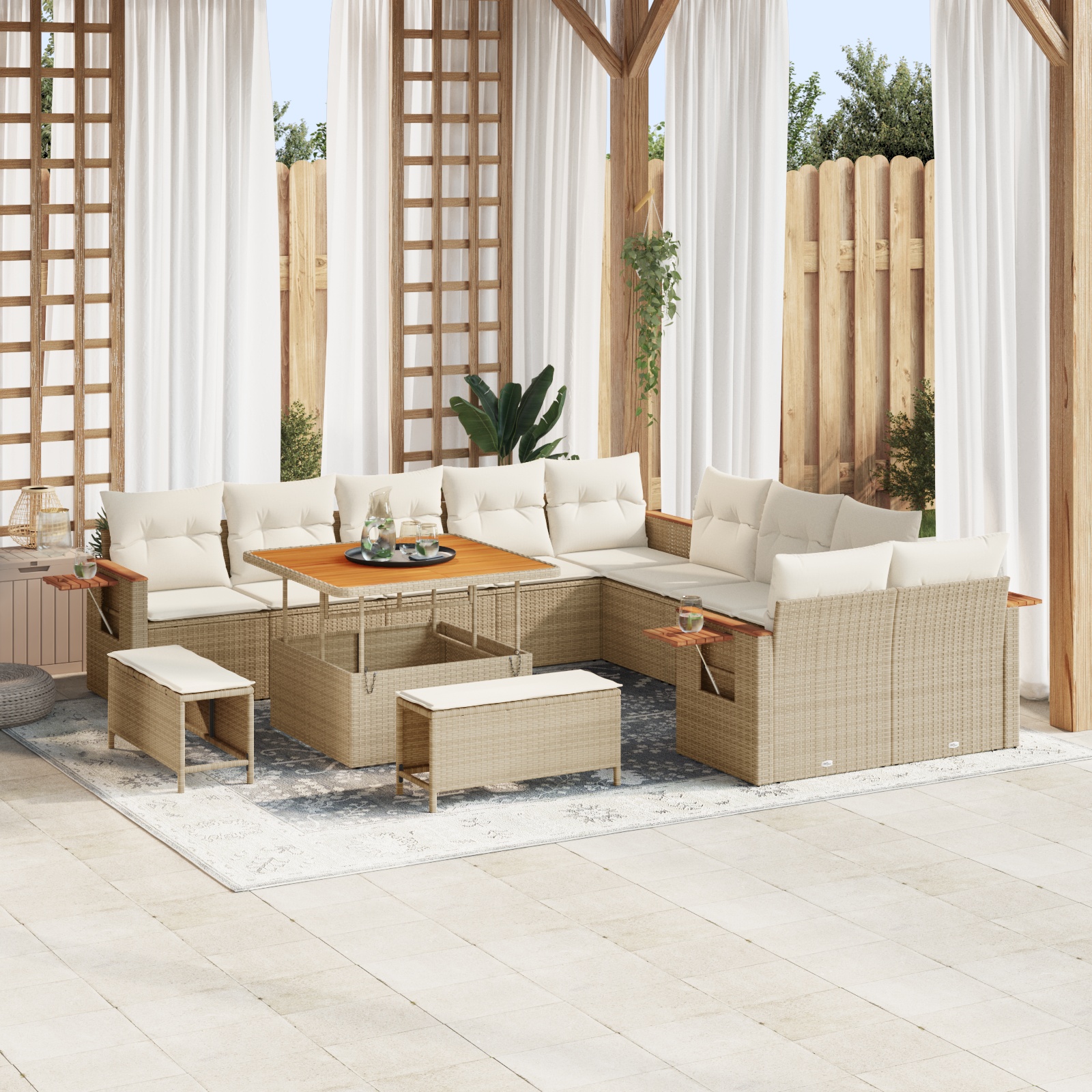 13-teiliges Garten-Sofa-Set mit Kissen Beige Poly Rattan Akazie 13-teiliges Garten-Sofa-Set mit Kissen Beige Poly Rattan Akazie