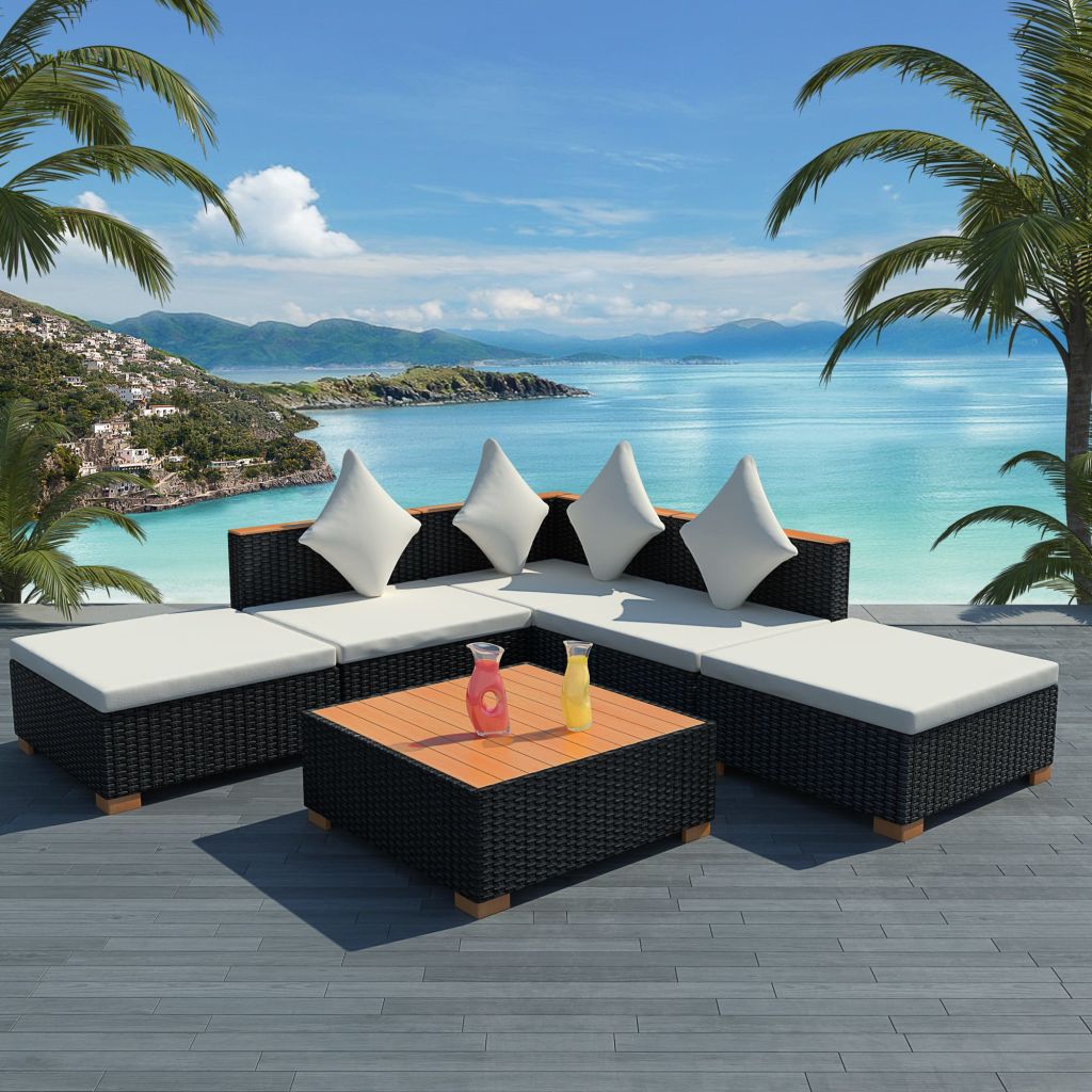 6-tlg. Garten-Lounge-Set mit Auflagen Poly Rattan Schwarz 6-tlg. Garten-Lounge-Set mit Auflagen Poly Rattan Schwarz