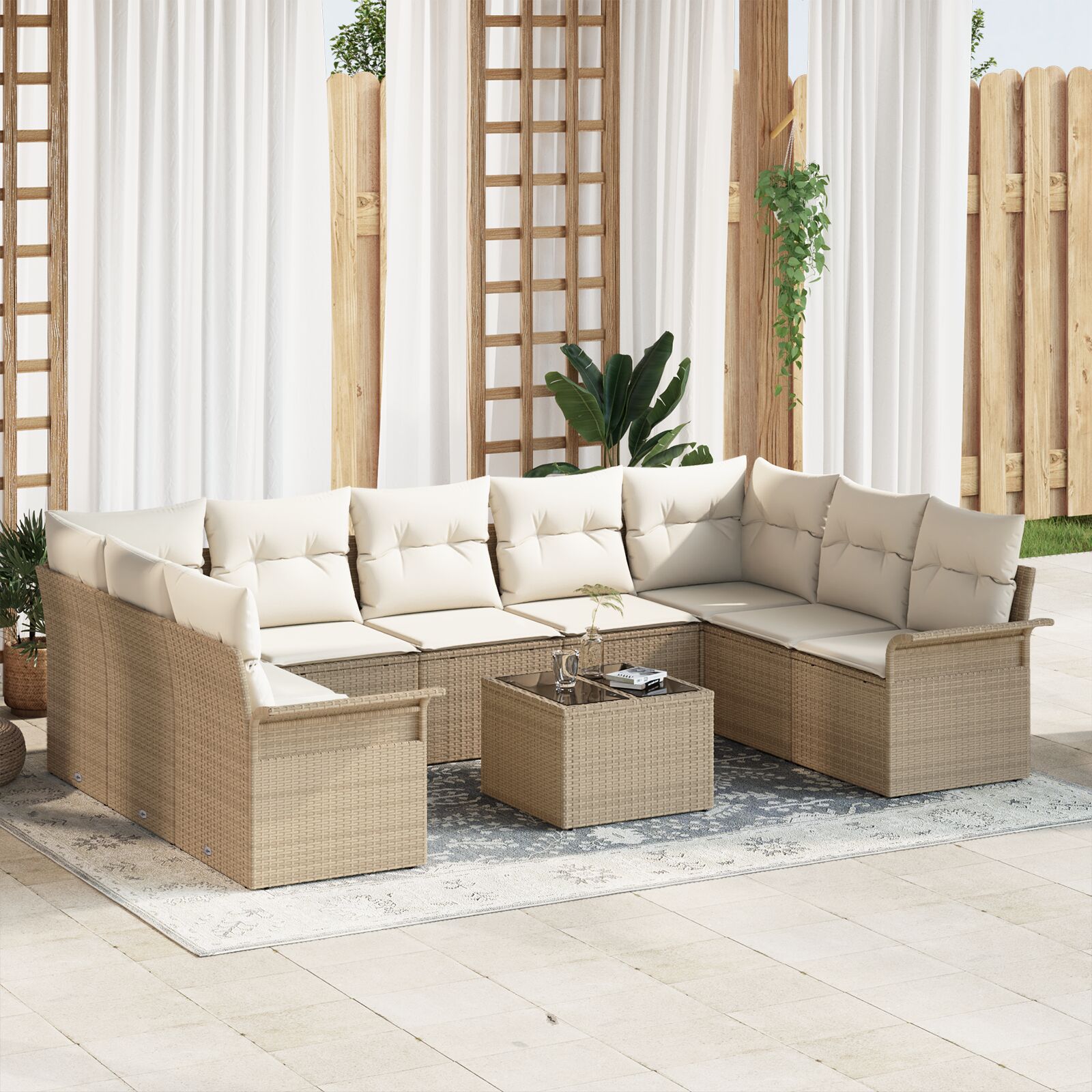 10-teiliges Garten-Sofa-Set mit Kissen in braunem Poly-Rattan 10-teiliges Garten-Sofa-Set mit Kissen in braunem Poly-Rattan