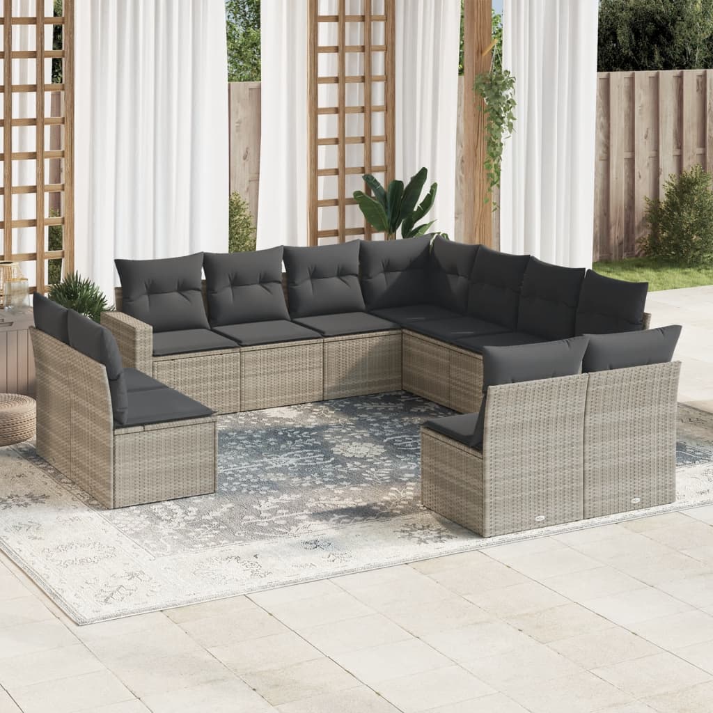 11-tlg. Garten-Sofagarnitur mit Kissen Hellgrau Poly Rattan 11-tlg. Garten-Sofagarnitur mit Kissen Hellgrau Poly Rattan