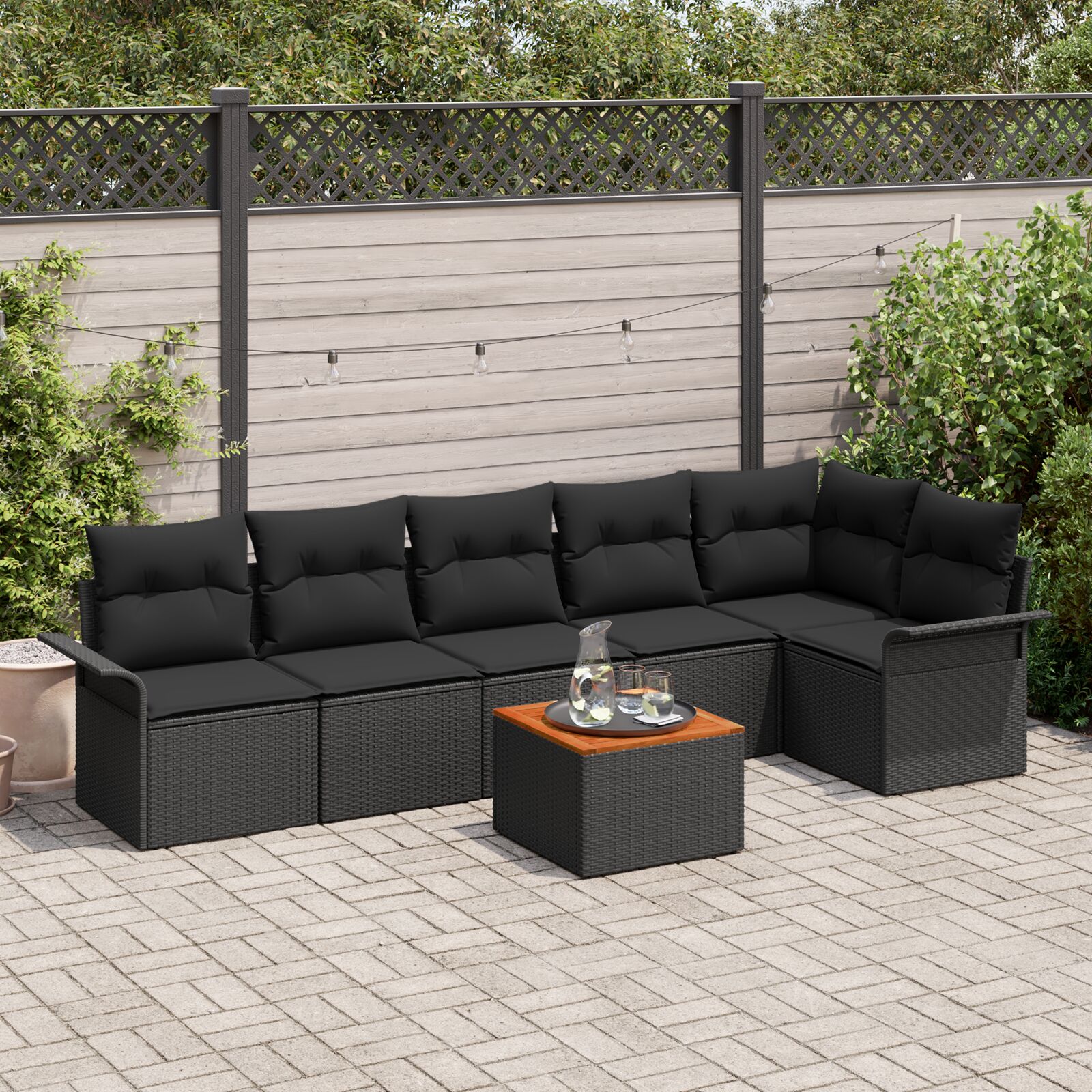 7-teilige Garten-Sofaset mit Kissen Schwarz Poly-Rattan Akazie 7-teilige Garten-Sofaset mit Kissen Schwarz Poly-Rattan Akazie