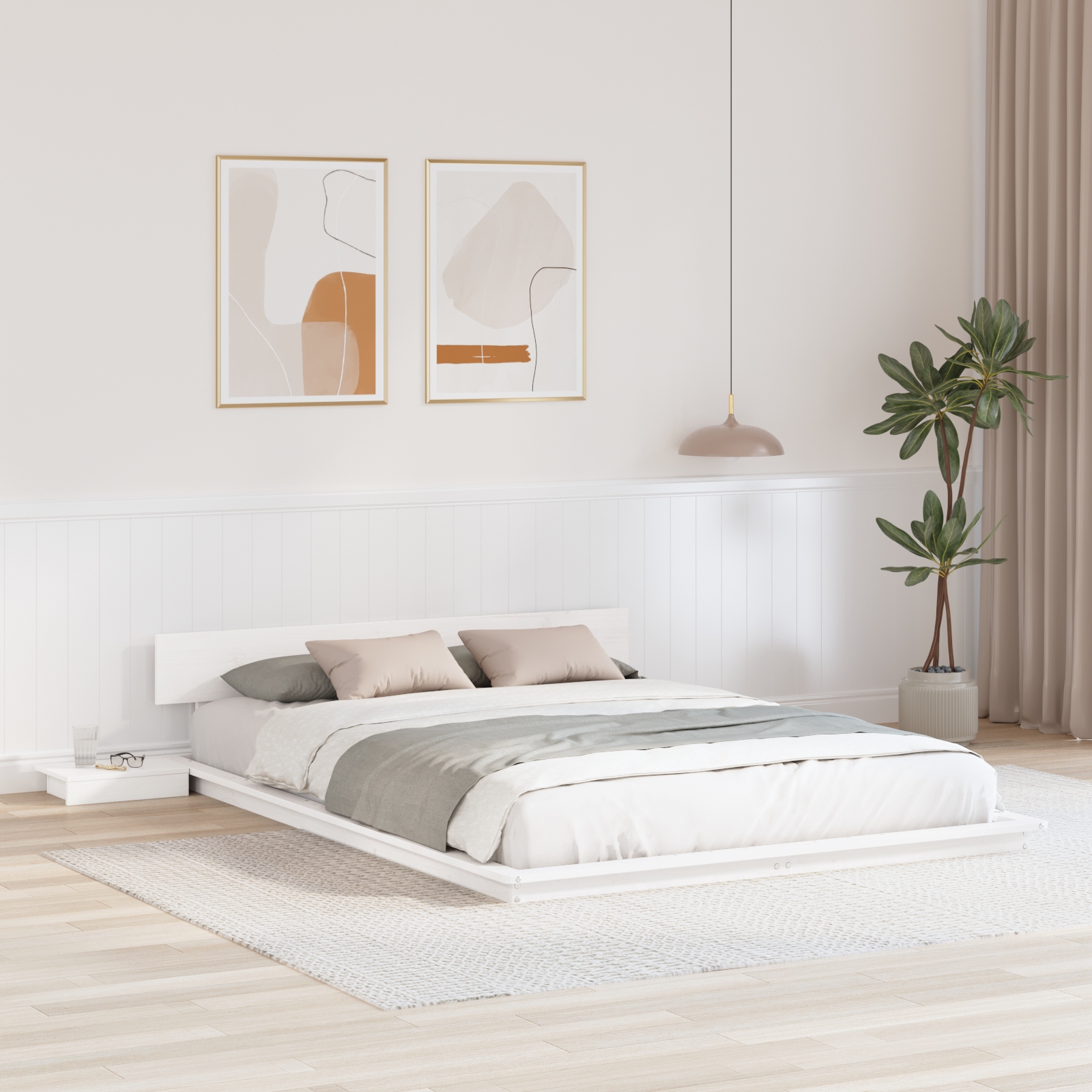 Bettgestell mit Nachttischen Weiß 150x200cm Massivholz